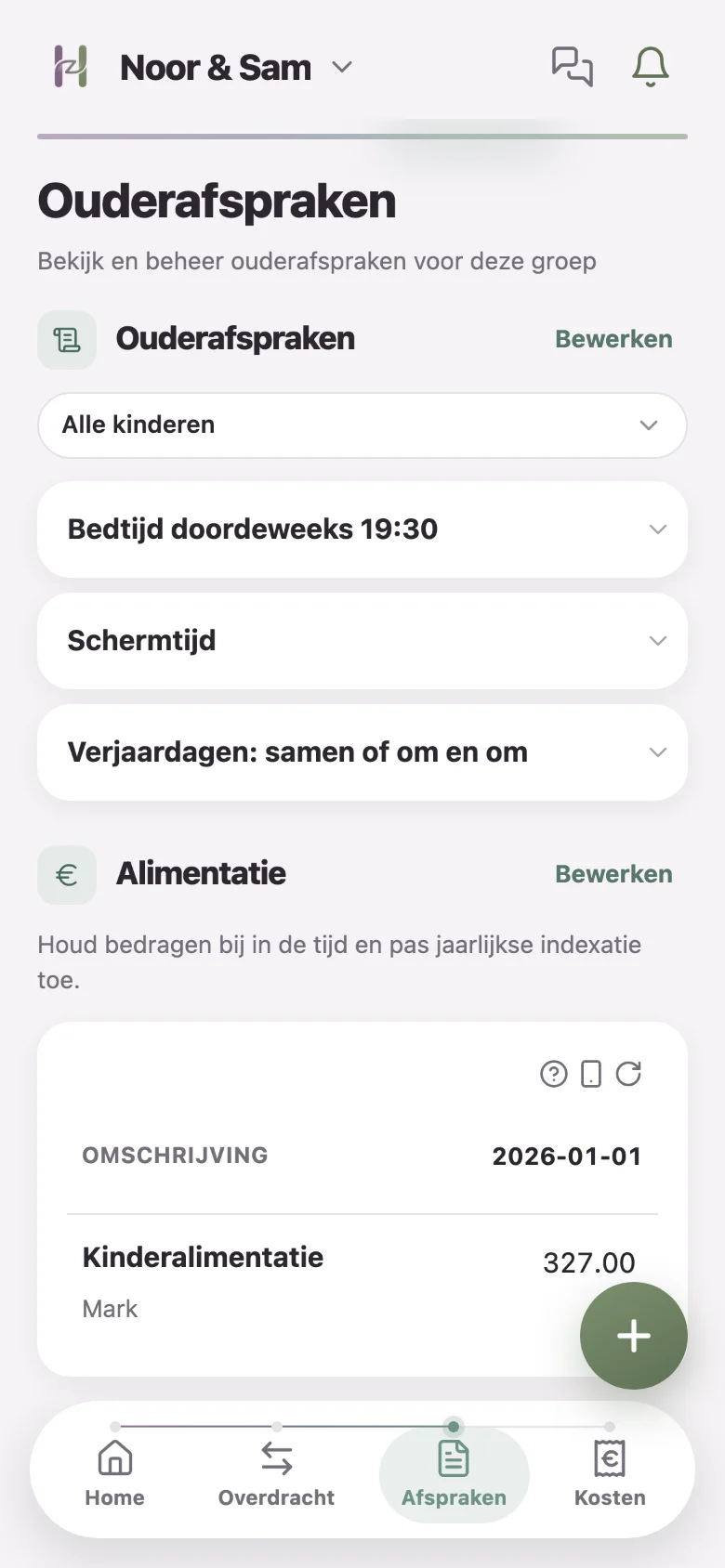 Het scherm Afspraken met vastgelegde afspraken en alimentatie