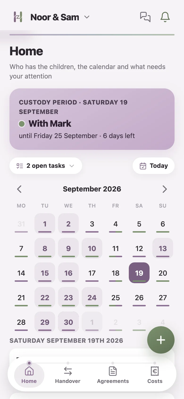 The Harmoneaz calendar with the care schedule per day
