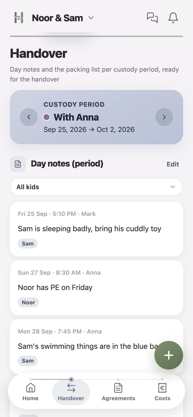 The handover screen with packing list and day notes