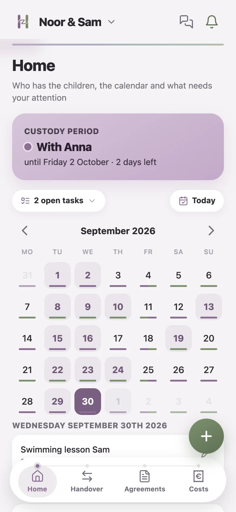 The Harmoneaz Home screen: who the kids are with, the calendar and open tasks
