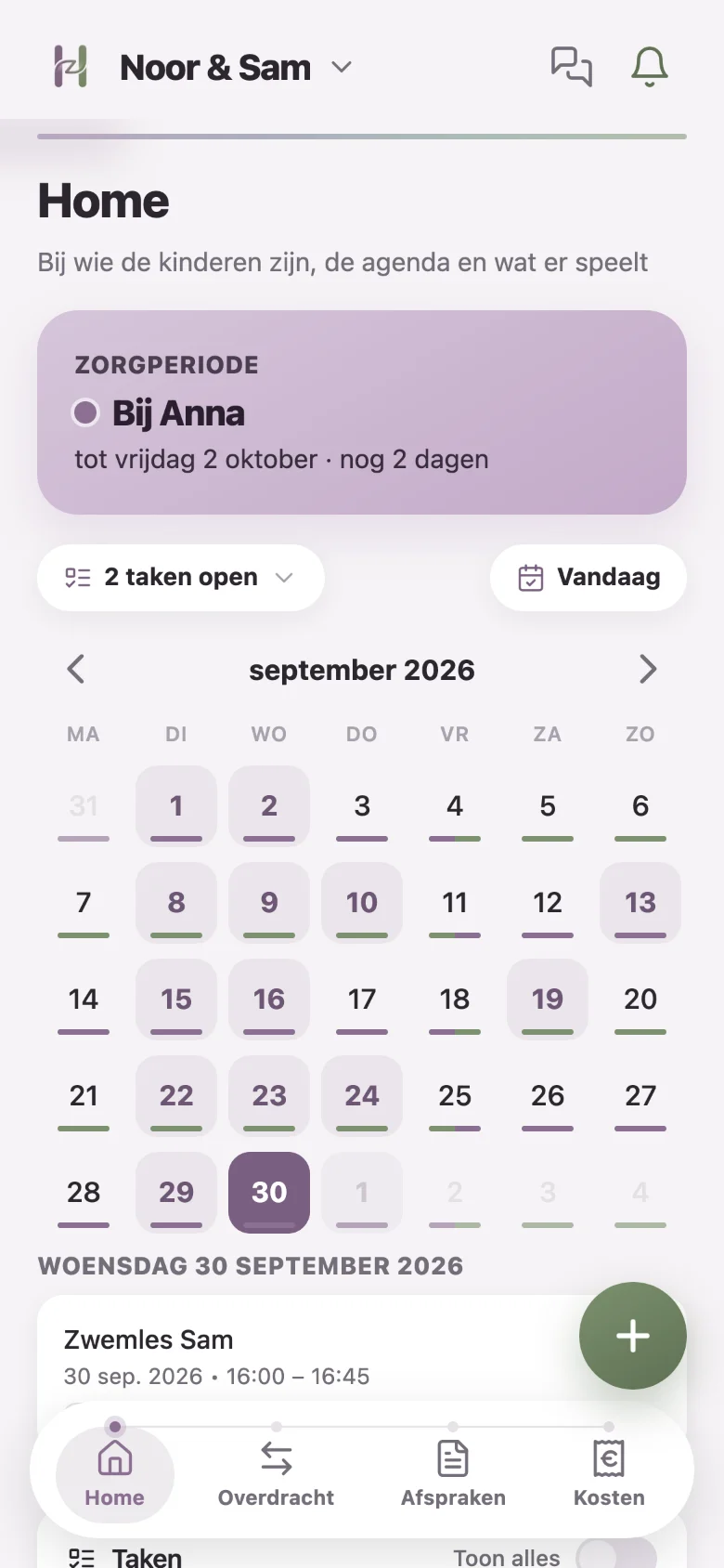Het Home-scherm van Harmoneaz: bij wie de kinderen zijn, de agenda en openstaande taken