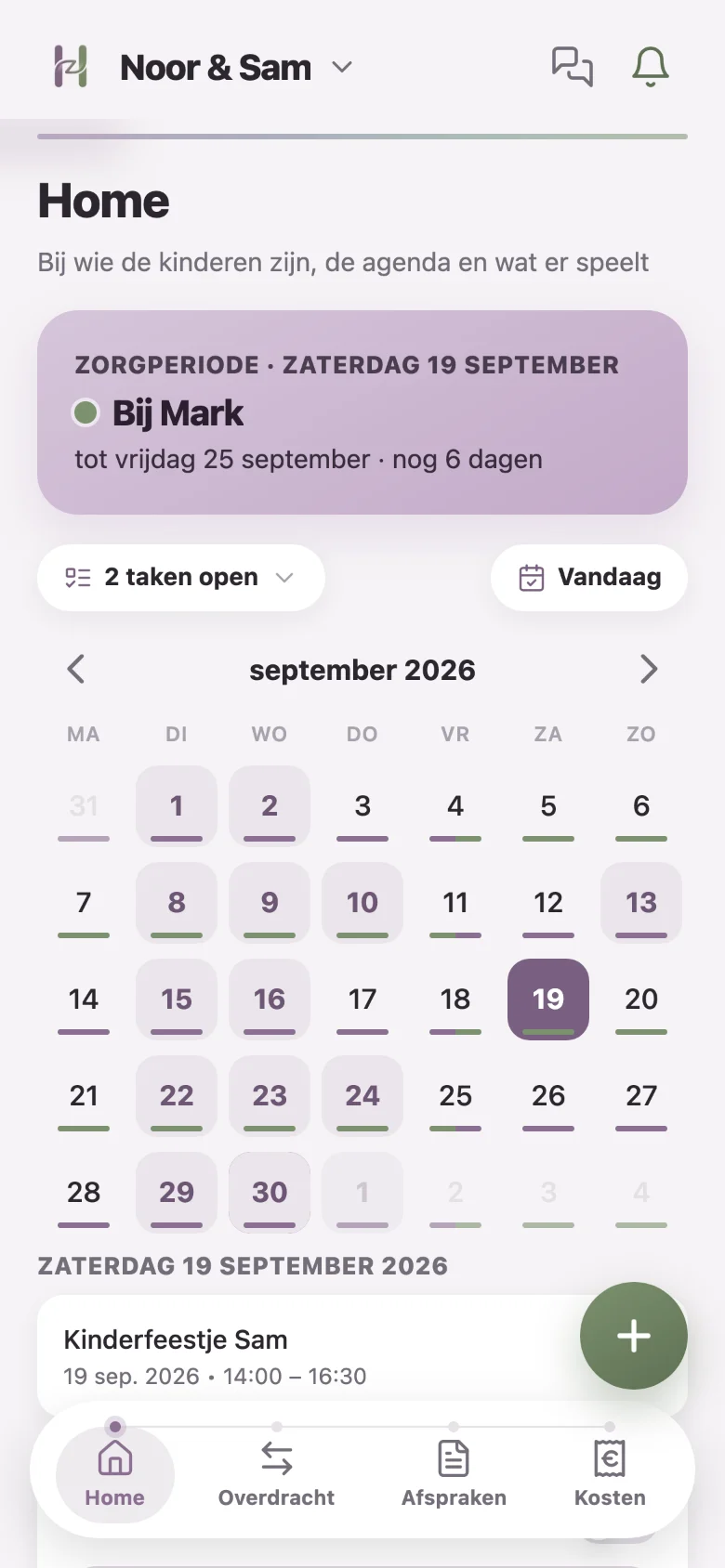 De kalender van Harmoneaz met het zorgschema per dag