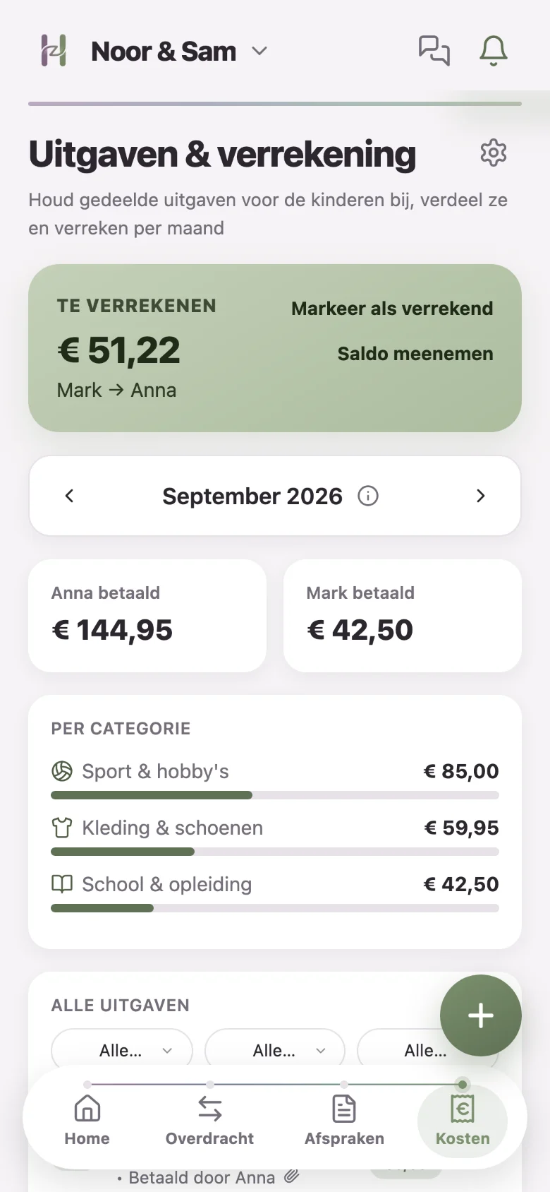 Het kostenoverzicht met uitgaven en de stand tussen beide ouders