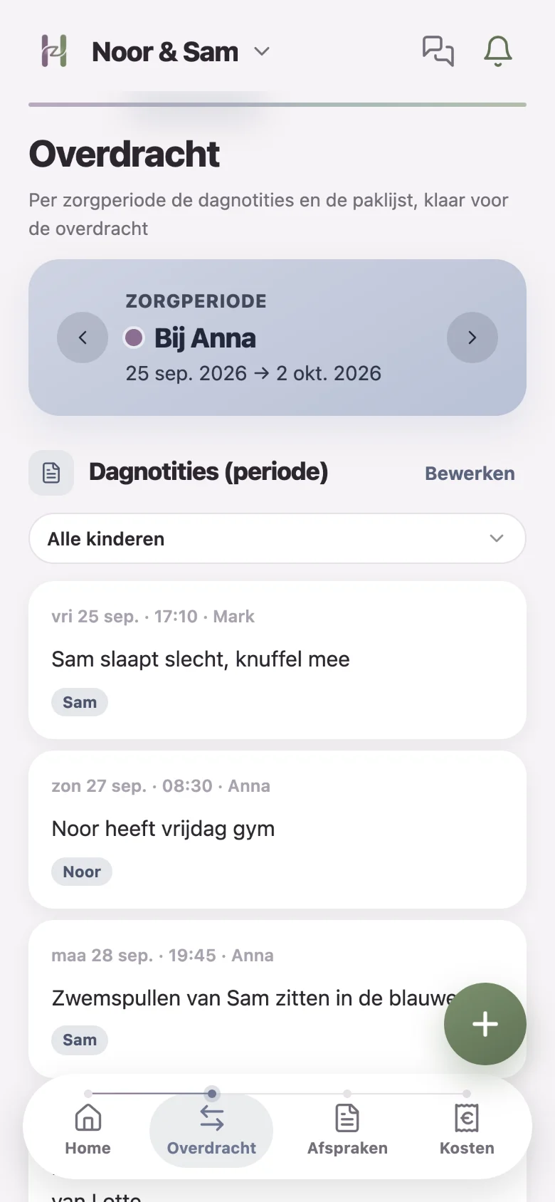 Het overdrachtsscherm met inpaklijst en dagnotities